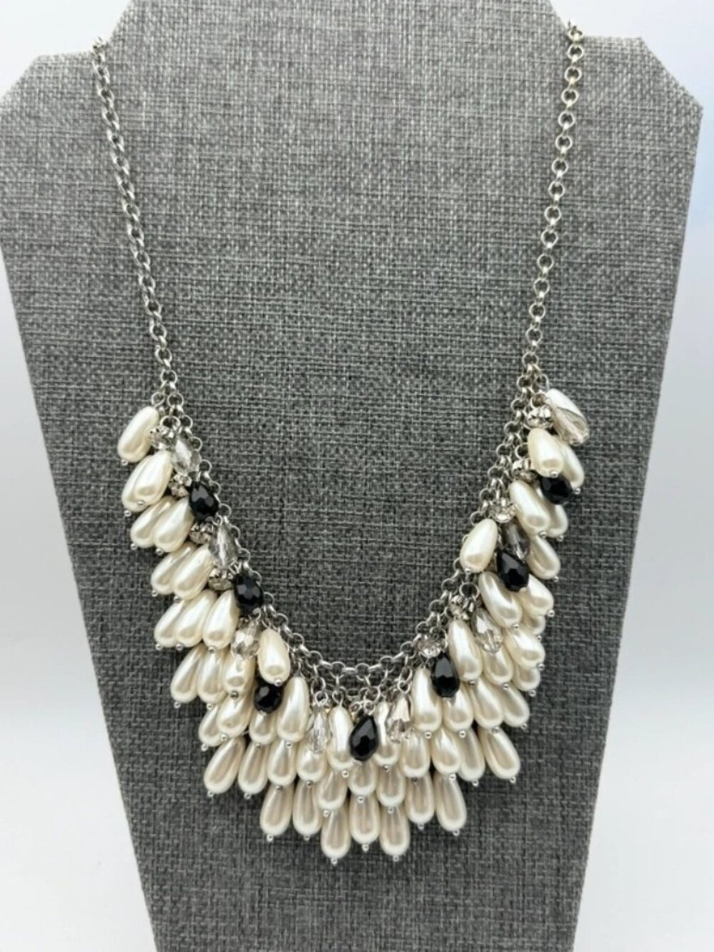Jules B Faux Pearl Statement Bib Necklace Black Crystal Silver Tone Signed